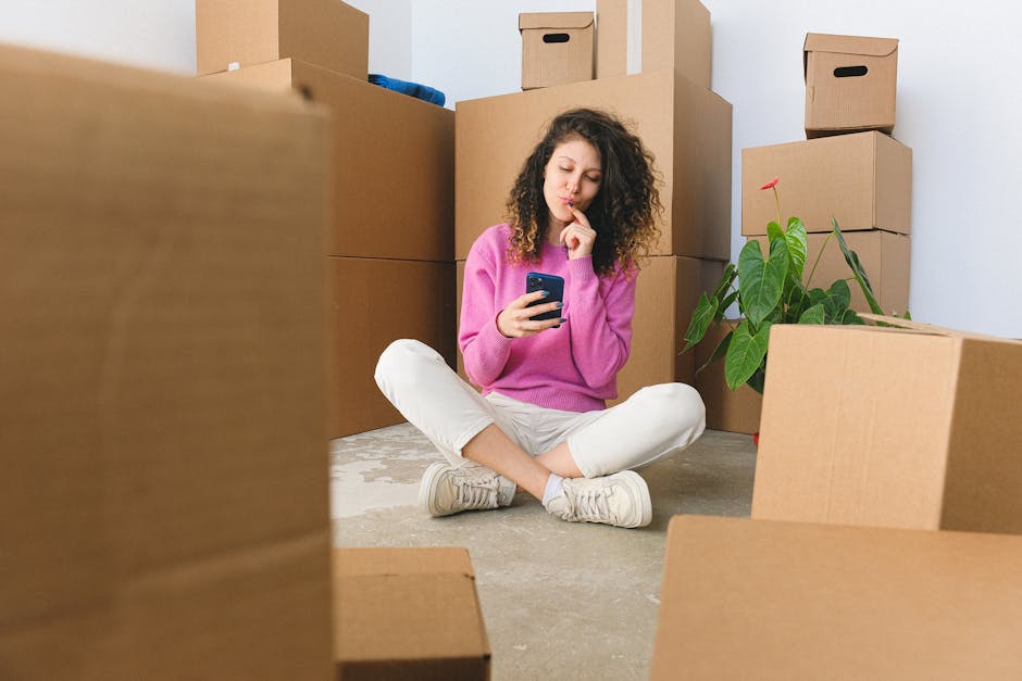 A young woman with curly brown hair is sitting on the floor of a room surrounded by moving boxes in various sizes, mostly made of brown cardboard. She is wearing a pink sweater, white pants, and white sneakers, and is holding and looking at a smartphone with a thoughtful expression. The boxes are stacked against the wall and scattered around her, some sealed with packing tape, others open or partially packed. A green potted plant with broad leaves and a red flower is positioned near her, adding a touch of greenery to the scene. The room has a neutral-colored, smooth floor and plain white walls, indicating an indoor space during a house relocation or packing process. Some boxes are placed on the floor, while others are stacked on top of each other or on furniture, illustrating typical packing and moving activities supported by Man and Van New Cross. The lighting appears natural, likely from a window outside the frame, highlighting the organized and calm environment centered around the moving logistics.